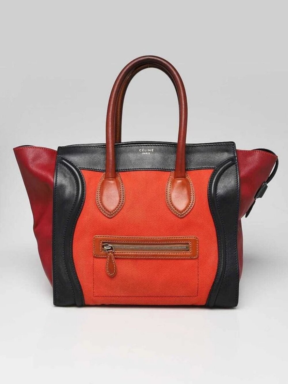 Celine Poppy/Multicolor Calfskin Leather and Canvas Mini Luggage Tote Bag